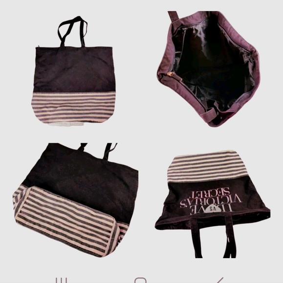 Victoria’s Secret | XL Tote Bag I Love VS Black Pink Striped | Zipper to close - Picture 3 of 14